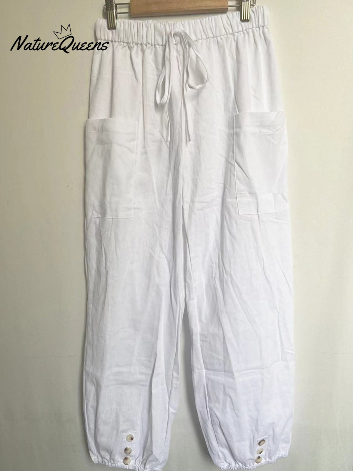 High - Waisted Buttoned Cotton And Linen Pants Cropped White / S
