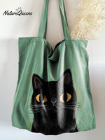 Green Cat Print Linen Tote Bag