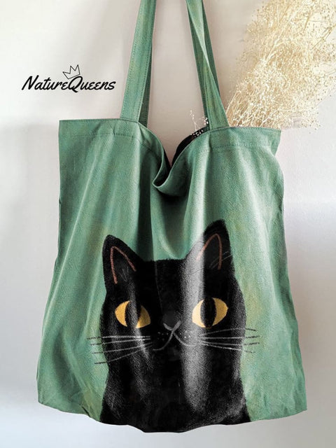 Green Cat Print Linen Tote Bag