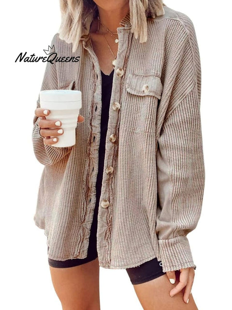 Women's Fall Casual Lapel Neck Patchwork Irregular Shirt Jacket