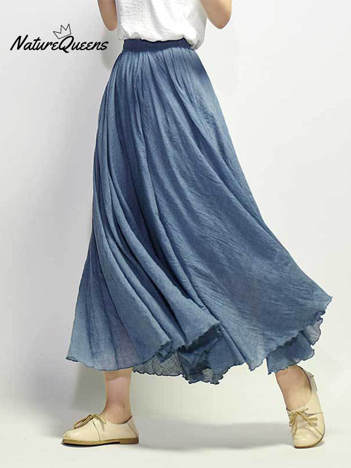 Women’s Cotton Linen Skirt Casual Elastic High Waist Pleated A-Line Beach Skirts Niagara Blue / S