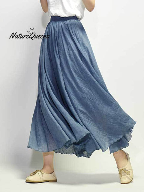 Women’s Cotton Linen Skirt Casual Elastic High Waist Pleated A-Line Beach Skirts Niagara Blue / S