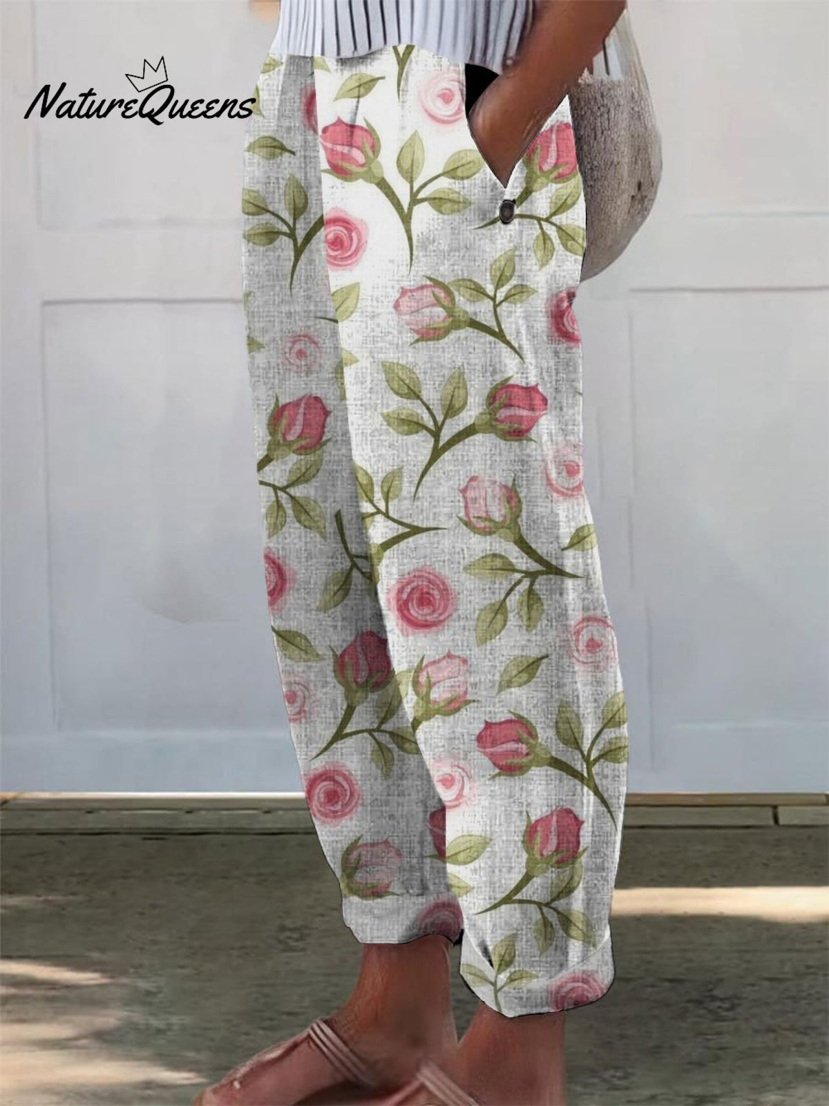 Women's Rose Flower Printed Cotton And Linen Casual Pants