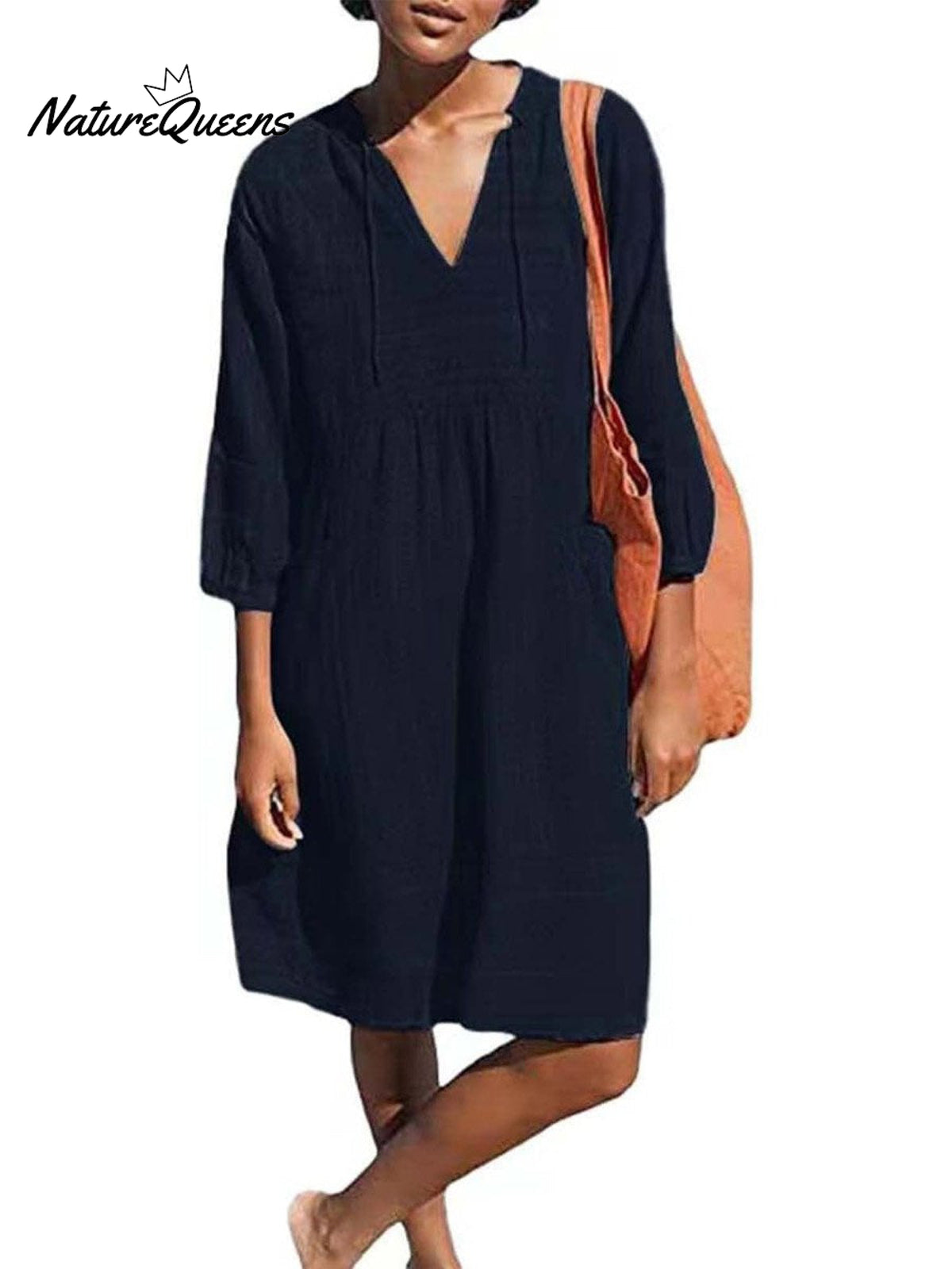 Women's Solid Color Loose Elegant Casual V-neck Pocket Cotton And Linen Dress