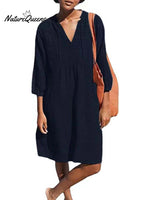 Women's Solid Color Loose Elegant Casual V-neck Pocket Cotton And Linen Dress