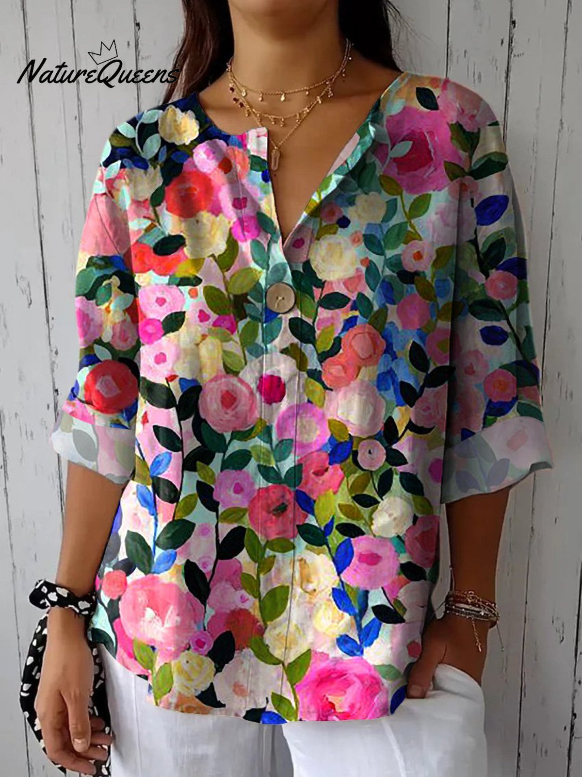 Colorful Spring Floral Garden Printed Women's Casual Cotton Linen Shirt