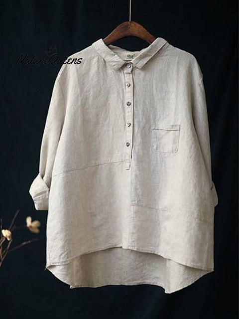 Women’s Lapel Neck Casual Solid Colour Cotton And Linen Long Sleeve Shirt White / M