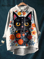 Lovely Cat And Floral Graphic Printed Women's Casual Cotton And Linen Shirt