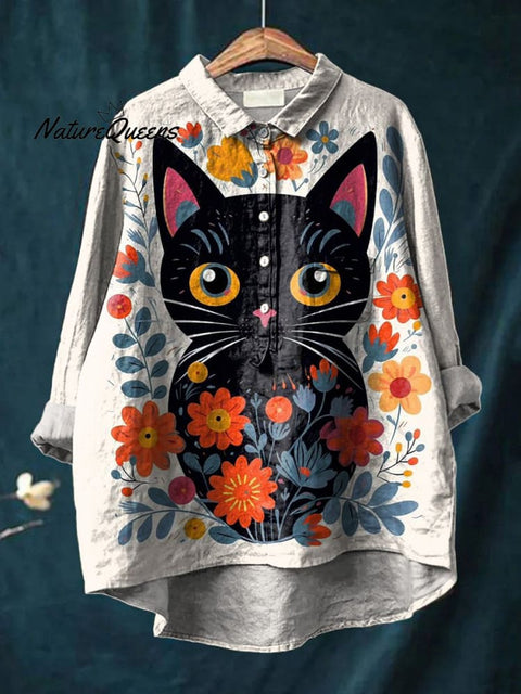 Lovely Cat And Floral Graphic Printed Women's Casual Cotton And Linen Shirt