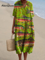 Women's Fun Red and Green Polka Dot Fish Watercolor Splash Fluid Art Print Flowy Dress