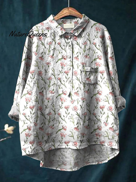 Pink Spring Floral Repeat Pattern Printed Women's Casual Cotton And Linen Shirt