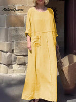 Women's Round Neck Solid Color Cotton And Linen Long Sleeve Pocket Casual Pleated Dress