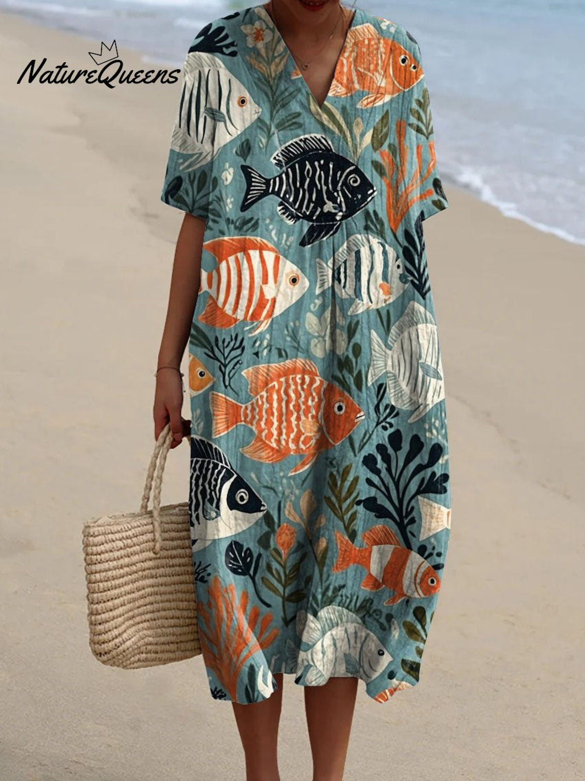 Women's Vintage Lovely Fish Art Print Flowy Dress