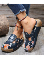 Women’s Ethnic Style Flower Color Matching Thick Soled Sandals Navyblue / 36