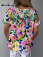 Colorful Spring Floral Garden Printed Women's Casual Cotton And Linen Shirt