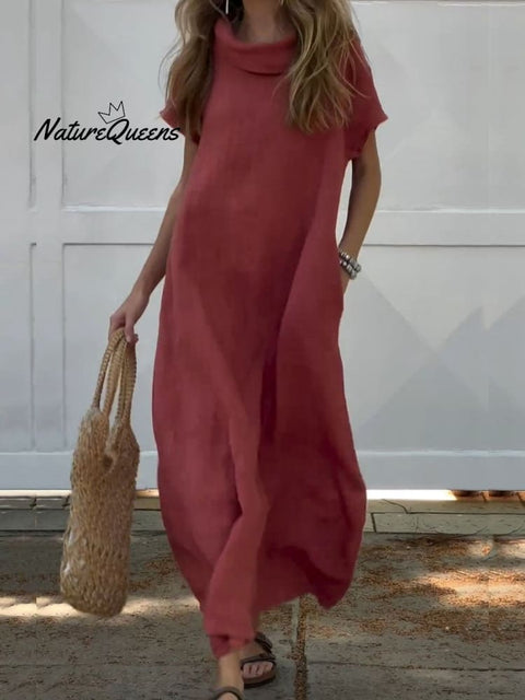 Women’s Turndown Collar Linen Pocket Dress Red / S