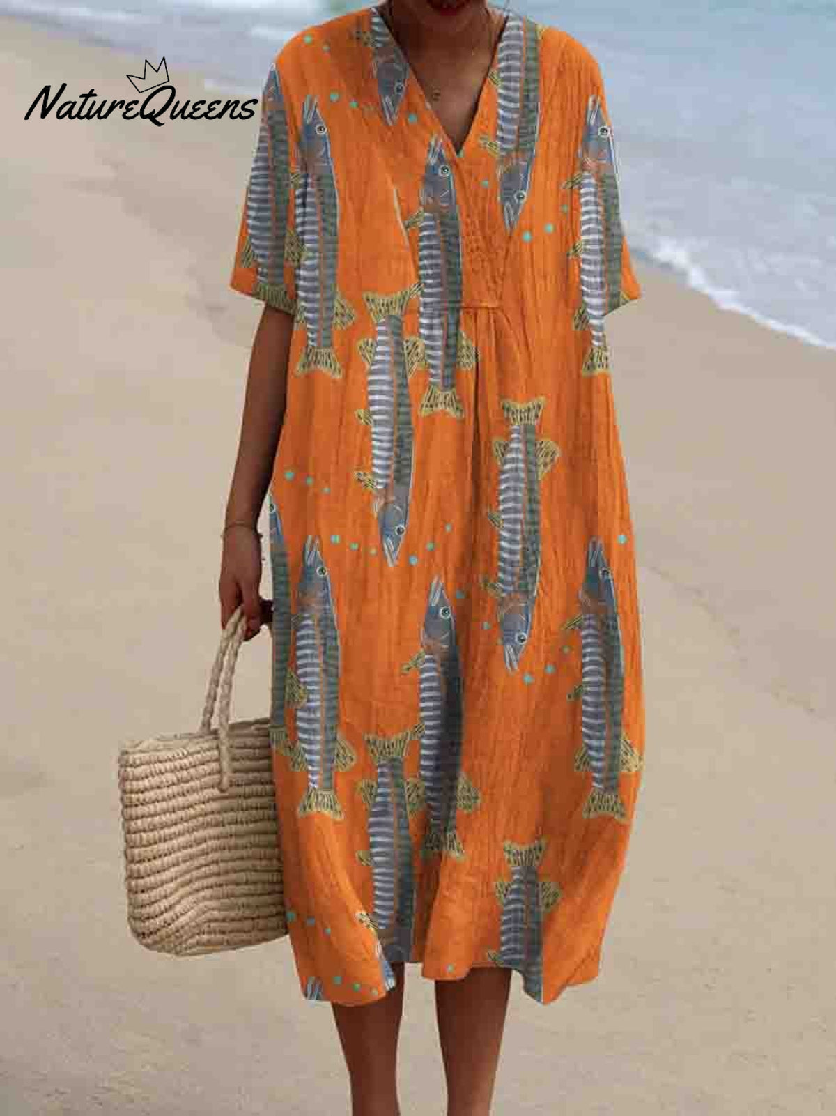 Decorative Pattern of Fish On Orange Bottom Flowy Dress