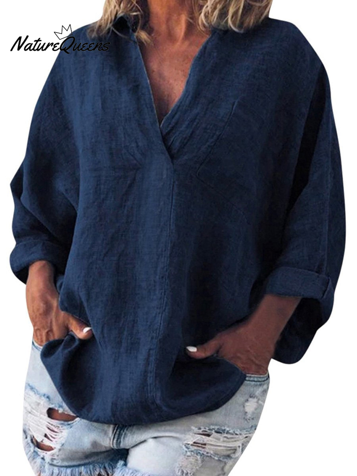 Women's Solid Color Cotton And Linen V-Neck Long Sleeve Blouse