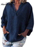 Women's Solid Color Cotton And Linen V-Neck Long Sleeve Blouse