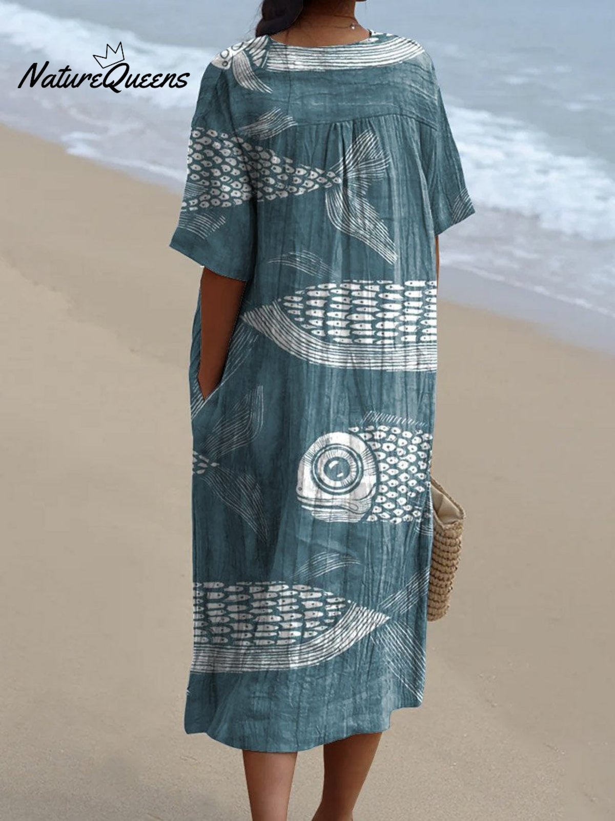 Women's Vintage Lovely Fish Art Print Flowy Dress