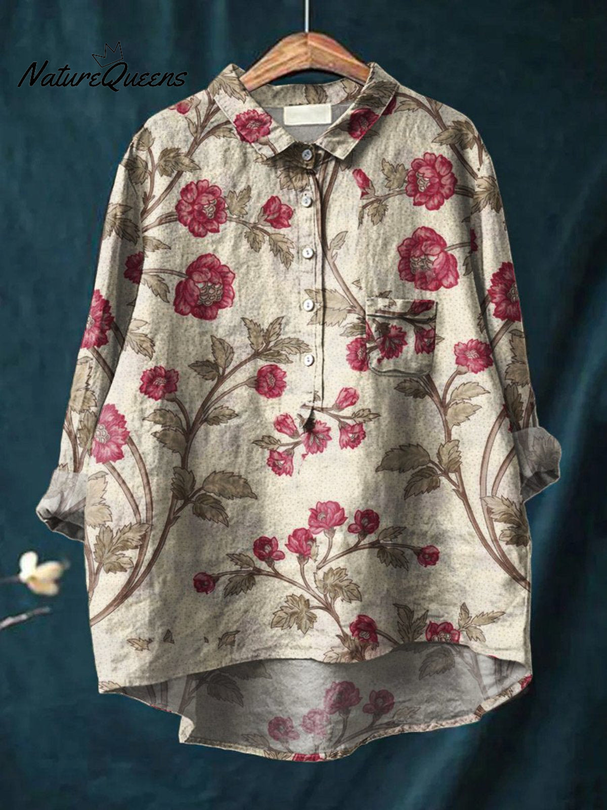Women's Floral Art Print Casual Cotton And Linen Shirt