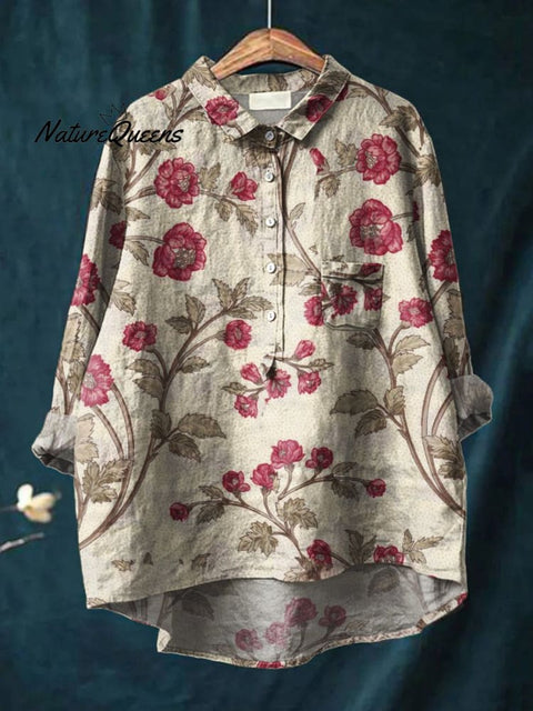 Women's Floral Art Print Casual Cotton And Linen Shirt