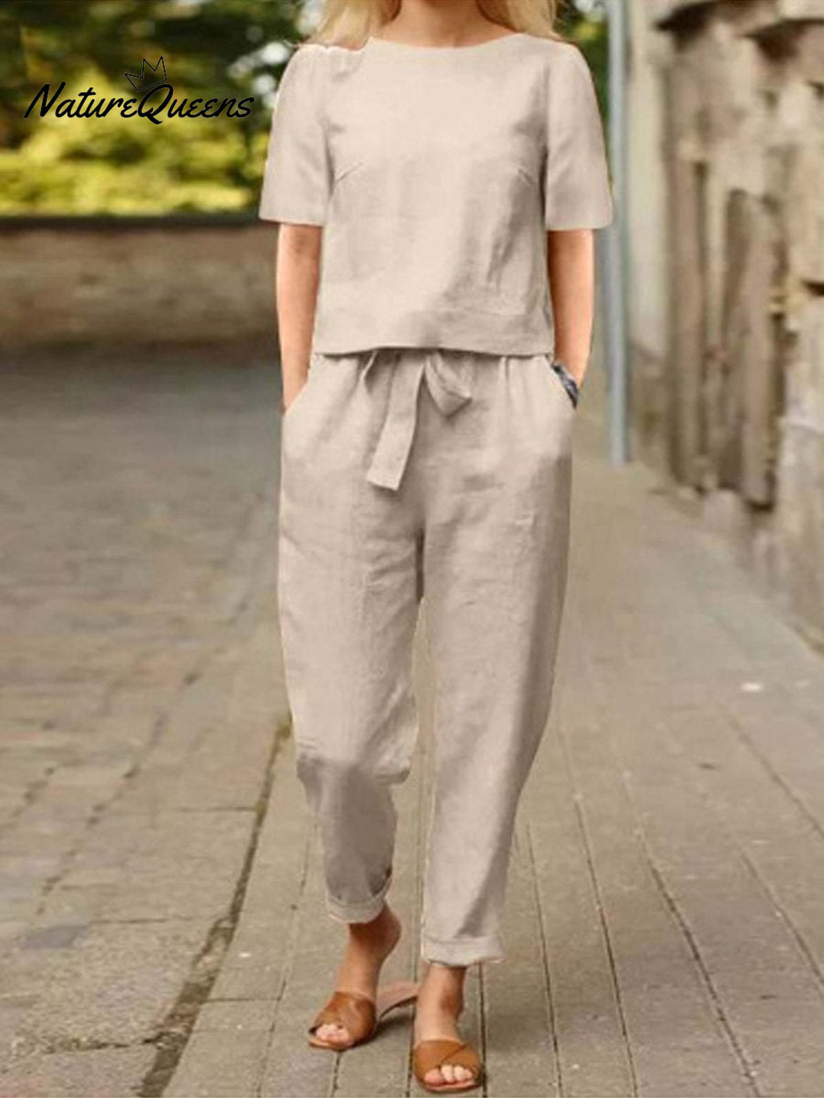 Cotton And Linen Summer Half - Sleeve Oversized Homewear Suit Khaki / S