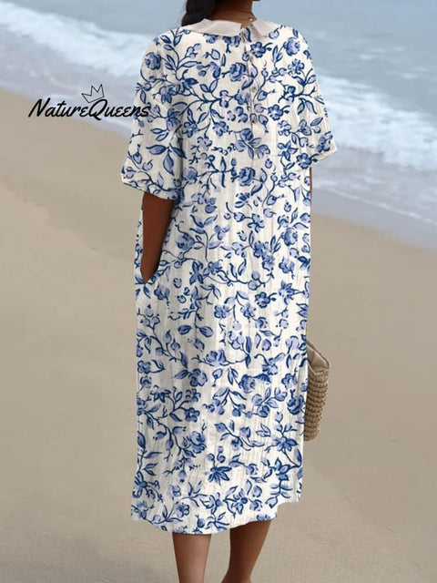 Women's Simple Small Blue Flowers Print Pocket Linen Dress（Convertible Dress With Front And Back Option）