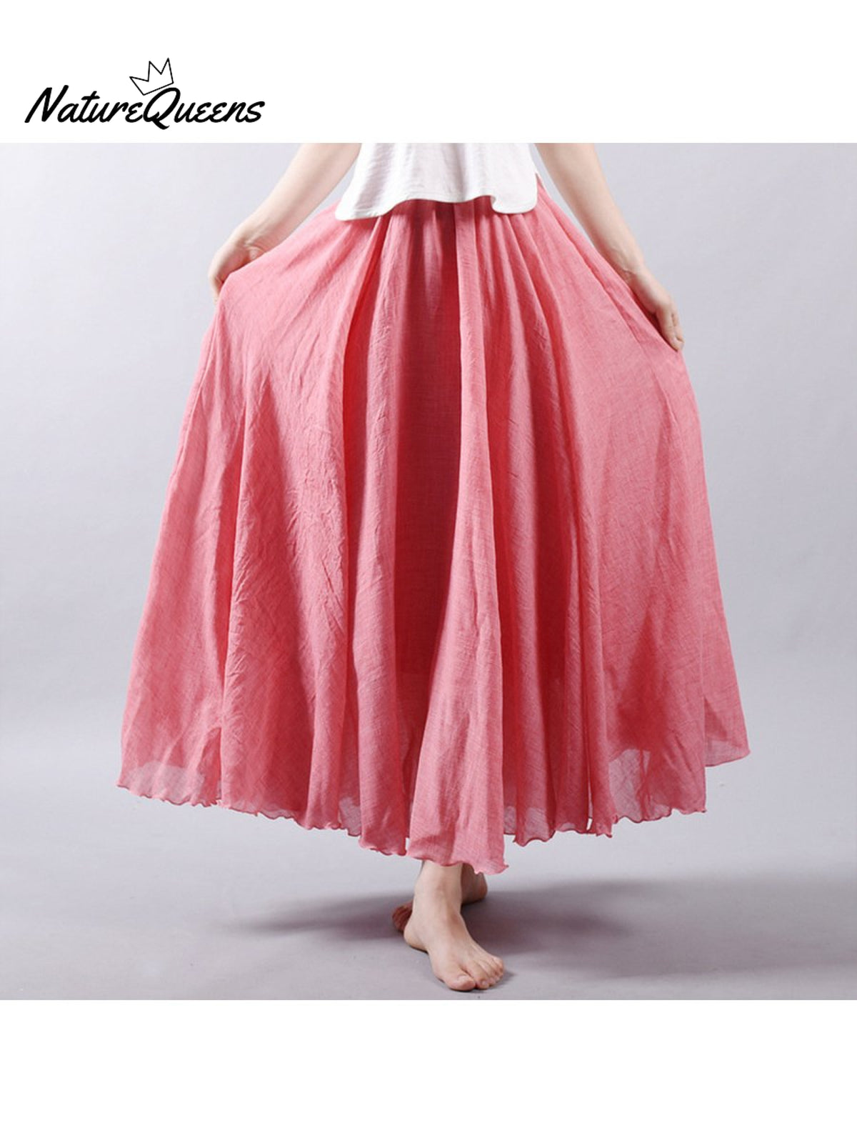 Women’s Cotton Linen Skirt Casual Elastic High Waist Pleated A-Line Beach Skirts Light Red / S