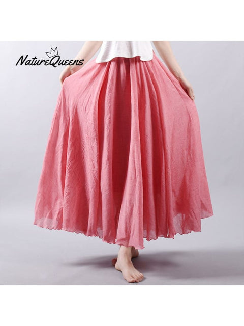 Women’s Cotton Linen Skirt Casual Elastic High Waist Pleated A-Line Beach Skirts Light Red / S