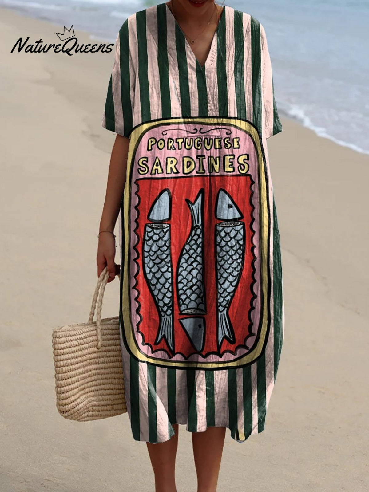 Women's Canned Pink-green Striped Sardines Watercolor Splash Fluid Art Print Flowy Dress