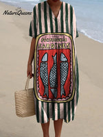 Women's Canned Pink-green Striped Sardines Watercolor Splash Fluid Art Print Flowy Dress