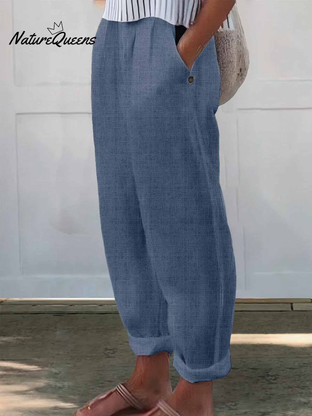 Women’s Printed Cotton And Linen Casual Pants Navy Blue / S