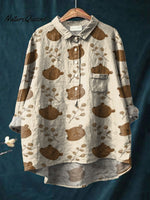 Warm Style Cute Bear and Leaves Decorative Pattern Casual Cotton And Linen Shirt