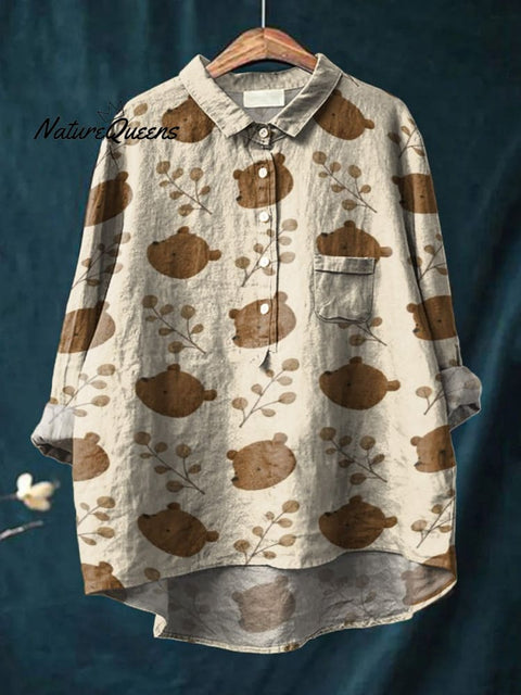 Warm Style Cute Bear and Leaves Decorative Pattern Casual Cotton And Linen Shirt