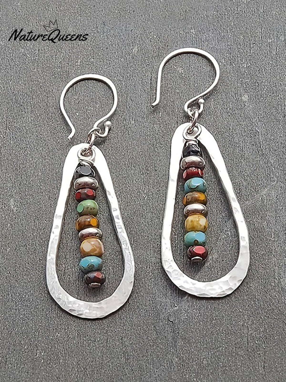 Handmade Multicolor Beads Teardrop Pendant Earrings Silver / One Size
