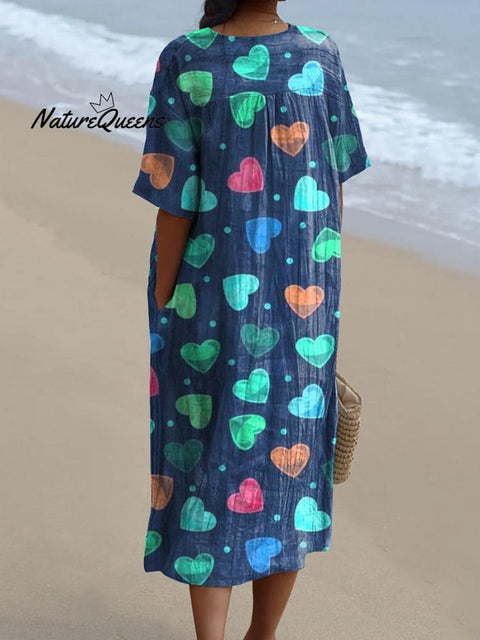 Multicolor Love Heart Pattern Printed Women's Flowy Dress