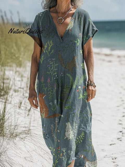 Night Woodland Animal Pattern Printed Women's Pocket Cotton Dress