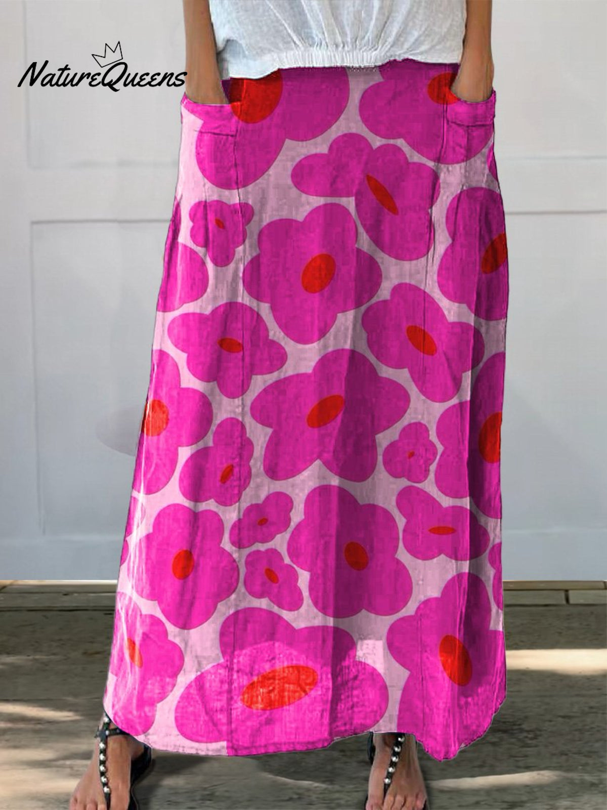 Vibrant Pink Floral Pattern Printed Women's Linen Pocket Skirt