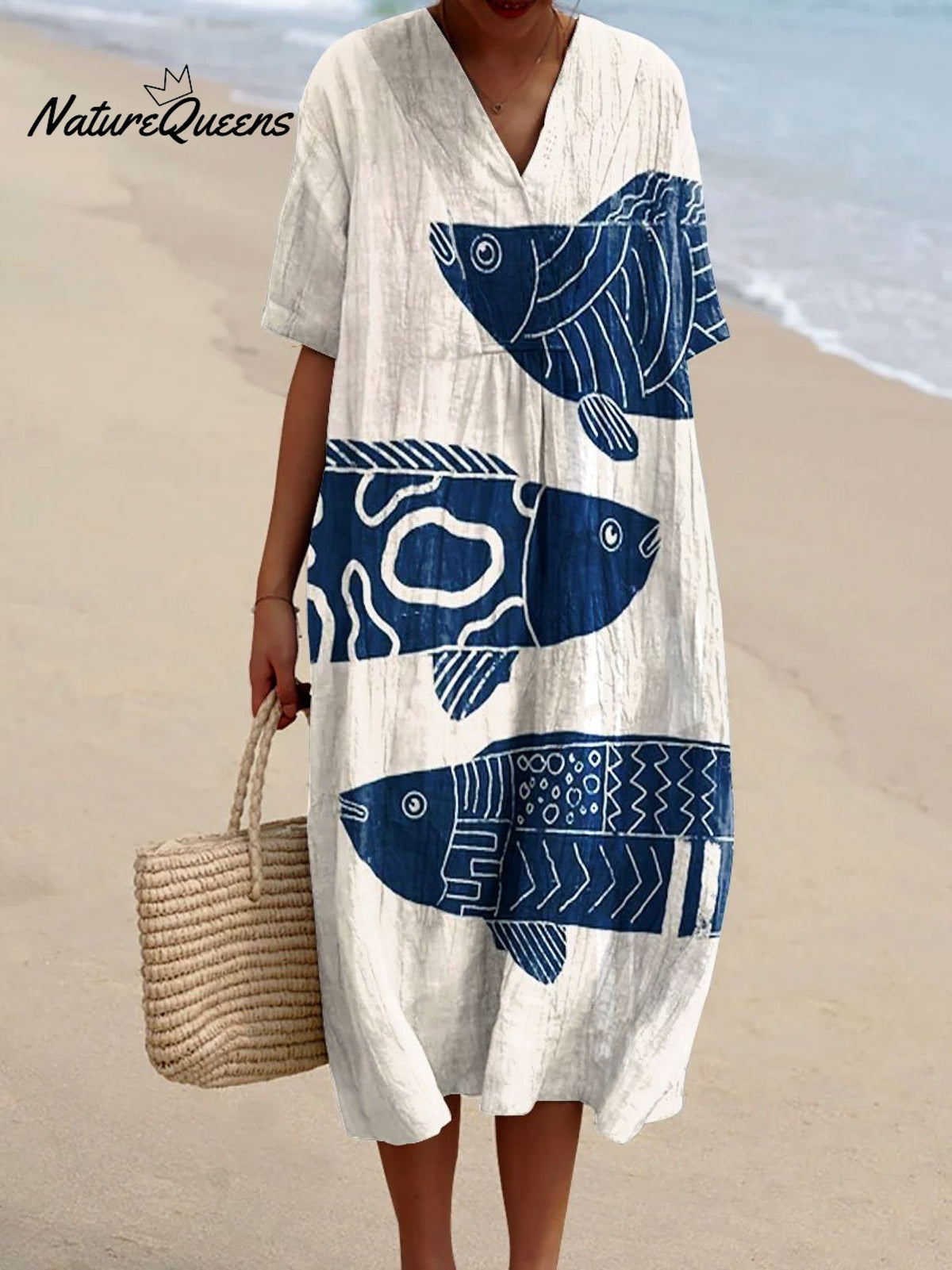 Women's Vintage Fish Art Print Flowy Dress