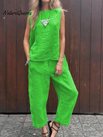Women’s Tank And Casual Pants Linen Cotton Suit Green / S