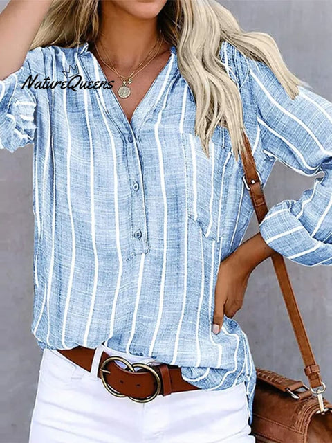 Women‘s Long Sleeve Blouse Ladies Fashion V - Neck Stripe Shirt Light Blue / S