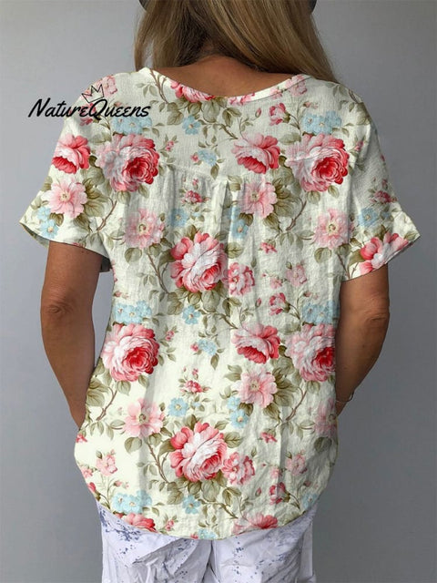 Sweet French Rose Pattern Printed Women's Casual Cotton And Linen Shirt