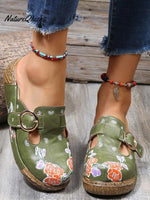Women’s Ethnic Style Flower Color Matching Thick Soled Sandals Green / 36