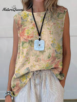 Women’s Retro Elegant Floral Art Print Casual Cotton And Linen Tank Top Multicolor / S
