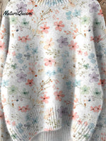 Lovely Floral Art Print Knit Turtleneck Pullover Sweater