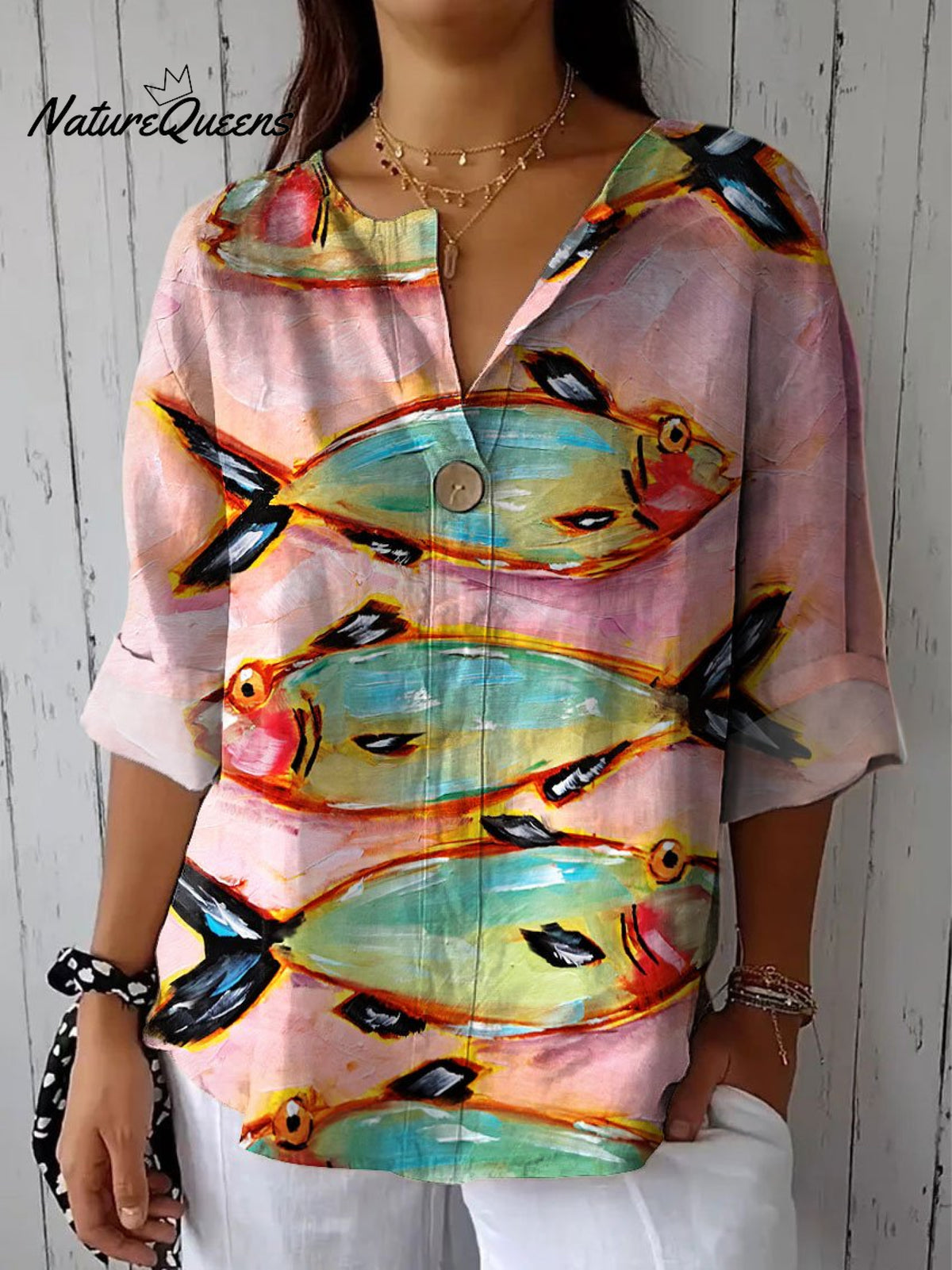 Women's Vintage Fish Art Print Casual Cotton Linen Shirt