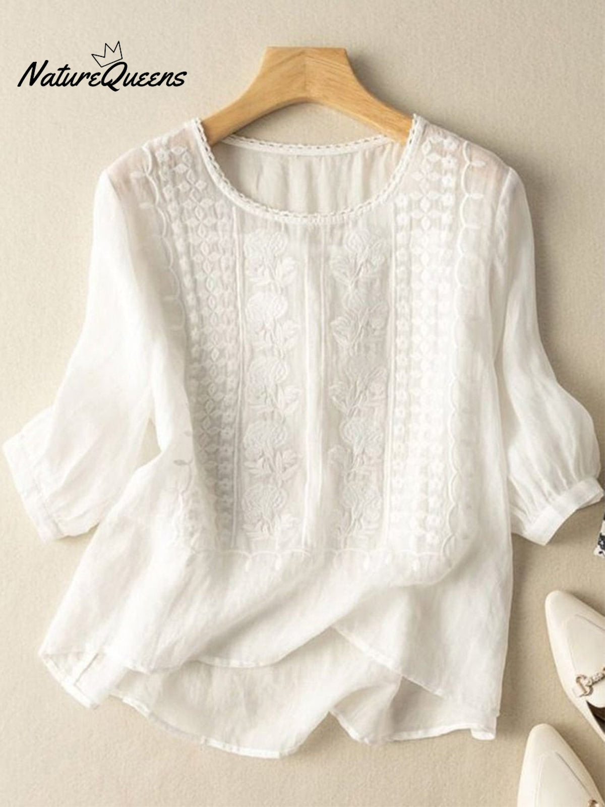 Women's Embroidered Cotton And Linen Lace Patchwork Shirt