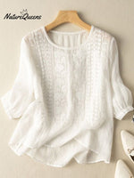 Women's Embroidered Cotton And Linen Lace Patchwork Shirt