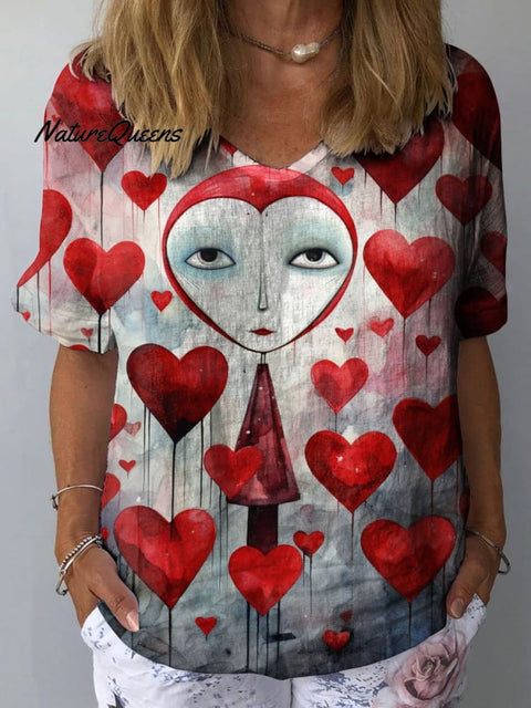 Women's Heart Shaped Art Print Casual Cotton And Linen Shirt